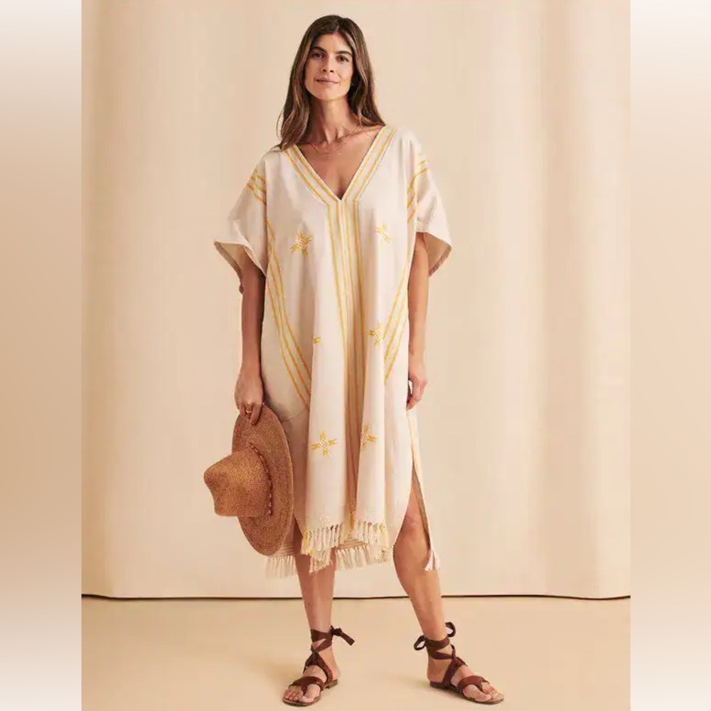 Faherty Organic Cotton Rey Caftan Neutral Boho Beach Embroidered Pockets XS/S
